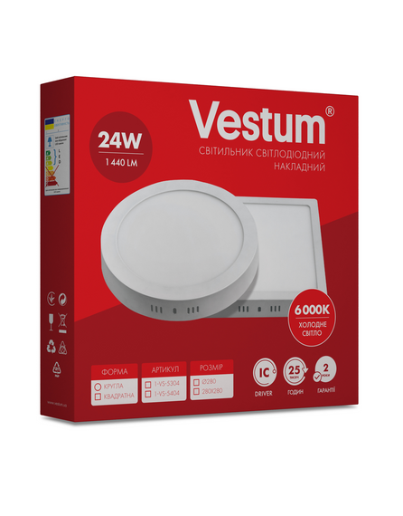 Круглий світлодіодний накладний світильник Vestum 24W 6000K 220V 1-VS-5304 | Зображення 2