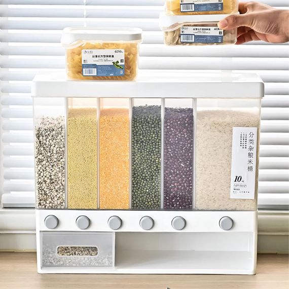 Диспенсер для сыпучих продуктов с дозатором, 6 отделений / Кухонный органайзер с мерным контейнером /