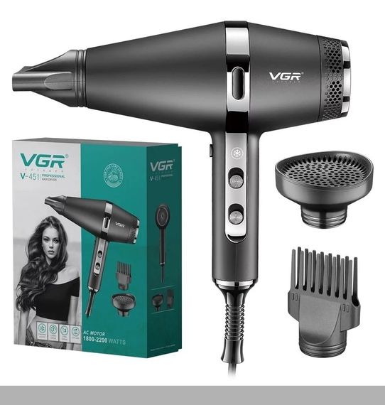 Професійний фен з 4 рівнями обдування і температури VGR V-469, 2400 Вт, 2 насадки (47873- V-469_2270)