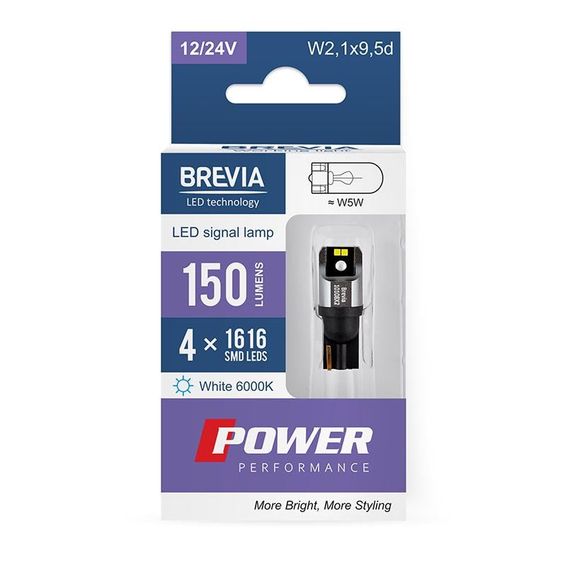 10108X2 BREVIA Лампа світлодіодна Brevia Power W5W 150Lm 4x1616SMD 12/24V CANbus, 2шт.