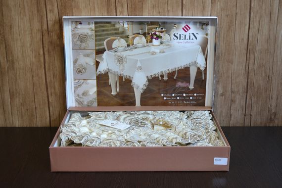 Лляна скатертина з ранером Selin Pelin Set 160×350+12 серветок Кремова | Зображення 1