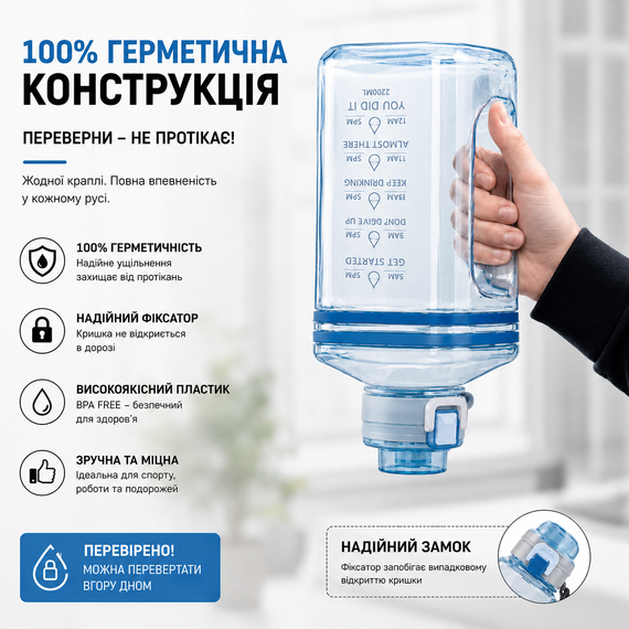 Спортивная Бутылка 2200 мл (Gallon) из голубого прозрачного и безопасного пластика (BPA Free) | Зображення 5