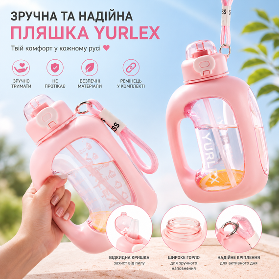 Спортивная бутылка для воды 1.5 л (1500 мл) Розовая - с ручкой и трубочкой без BPA, с мотивационной шкалой времени | Зображення 3