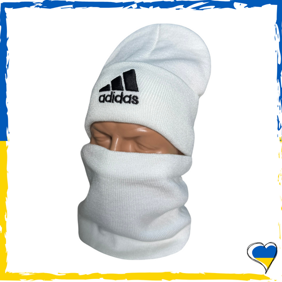 Комплект белый Adidas шапка и бафф на флисе унисекс. Набор теплый. Мужской, женский, подростковый, детский