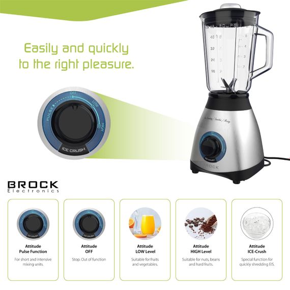 Блендер BROCK BL 1502 SS стаціонарний 500Вт/ скляна чаша 1,5л/ PULSE/ 2 швидк./дроблення льоду/метал | Зображення 1