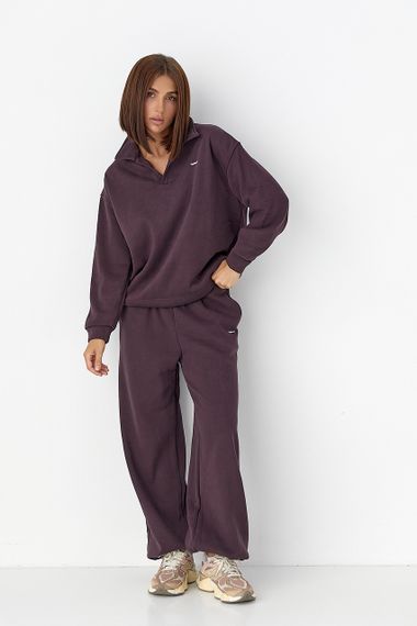 Теплий костюм зі світшотом-поло і прямими штанами - баклажан цвет, ONE SIZE (є розміри) | Зображення 4