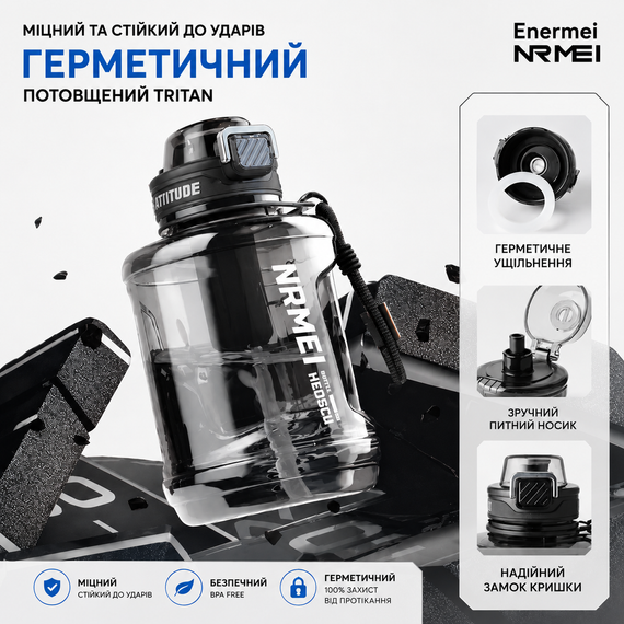 Пляшка для води NRMEI 2600 мл з Тритану: Спортивна, Герметична, з Ручкою та Ремінцем, Чорна | Зображення 3