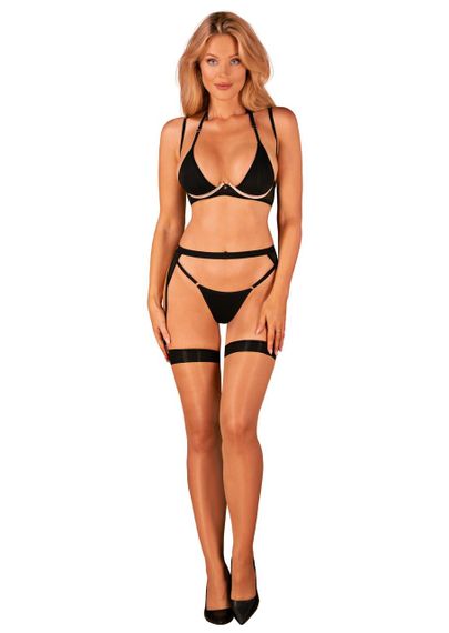 Комплект білизни Obsessive Selinne 3-pcs set XL/2XL Black, бюстгальтер, стрінги пояс для панчіх Sex Aura | Зображення 5