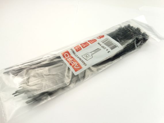 Хомут пластиковий APRO 250х2,5 (100 шт. в уп.) чорний, 1 ПАКОВКА (CT-B3250) | Зображення 1