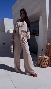 Женский летний костюм тройка брюки палаццо + рубашка + топ-бандо LY25030 цвет бежевый, размер 46/48