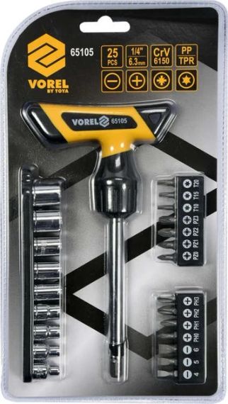 Набір викрутка тріскачка Т-тип 1/4 насадки 25 штук VOREL-65105