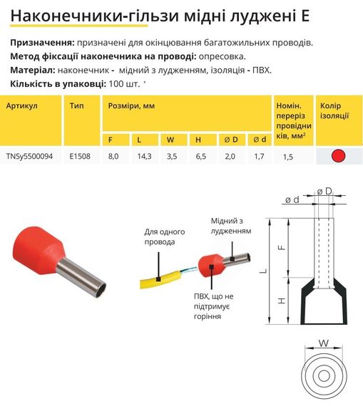 Наконечник гільза Е1508 1,5мм2 сірий Ny95502608 | Зображення 1