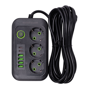 Сетевой фильтр кабель 4.75 м удлинитель F16 на 3 розетки 4 usb 2 type-c и кнопкой отключения Черный HP-5-22
