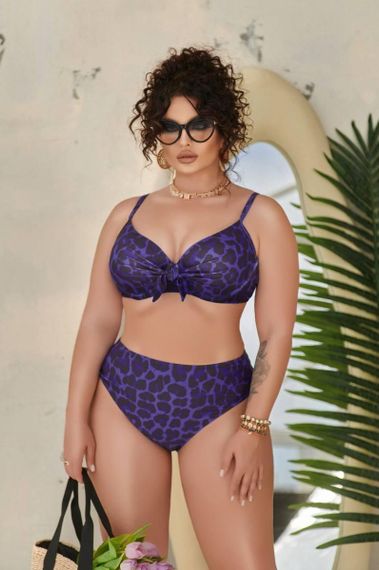 Роздільний фіолетовий леопардовий купальник Plus Size з твердими чашками | Зображення 2