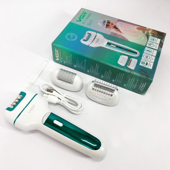 Жіночий бездротовий епілятор 3в1 VGR V-732 для ніг та зони бікіні з підсвічуванням та дисплеєм. Колір: зелений | Зображення 1