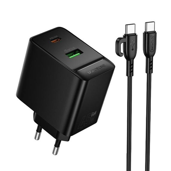 МЗП Borofone BAS16A Erudite PD45W+QC3.0 (1USB-A/1C) + кабель Type-C to Type-C Black