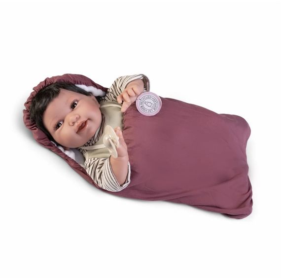 Испанская Кукла Реборн Antonio Juan Виниловая Мягкая Девочка Брюнетка Путешественница со Спальным Мешком 42 см | Зображення 2