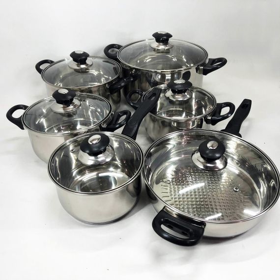 Набір каструль FH-219 з нержавіючої сталі 1.9л, 2.5л, 3.4л, 5.8л, 1.9л сковорода 24см та скляними кришками | Зображення 3