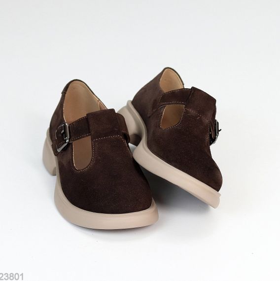 Замшеві демі туфлі на ремінці натуральна замша низький хід колір Шоколад | Зображення 3