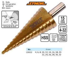 Сверло Польша коническое ступенчатое по металлу HSS 4241 Ø=4-32 мм STHOR-22612