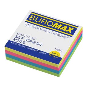 Блок для нотаток BM.2315-98 BUROMAX з клейким шаром 75х75 мм, 250 аркушів, неон (4823126801940)