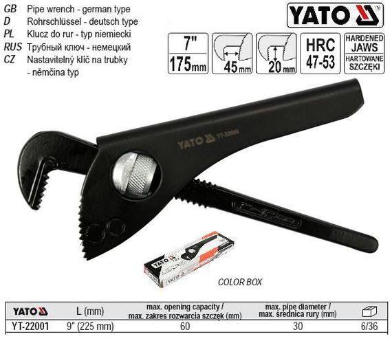 Ключ до труб розвидний 60 мм L=225 мм (9") YATO Польща YT-22001