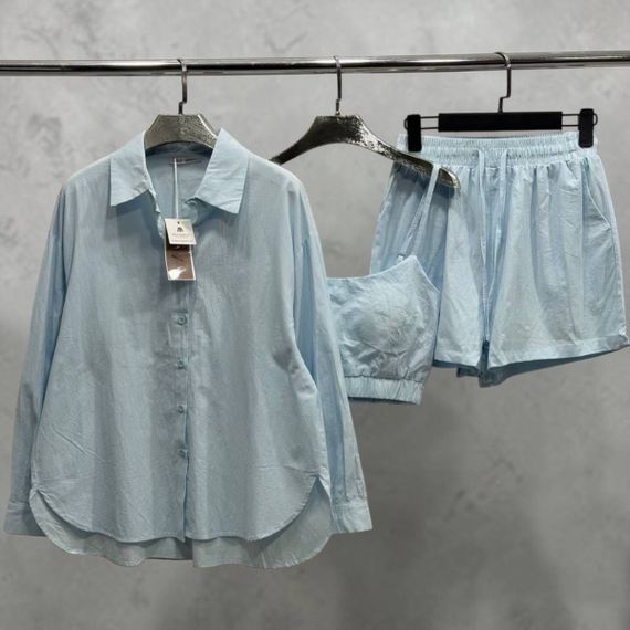 Костюм жіночий літній трійка сорочка з майкою та шорти Fashion 6931 20580 блакитний | Зображення 1