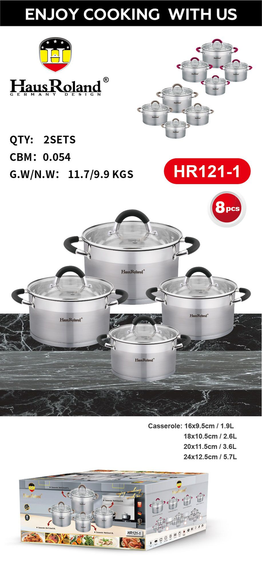 Набір каструль Haus Roland HR121-1 (4 шт.) з неіржавкої сталі 1,9/2,6/3,6/5,7 л., Сріблястий | Зображення 1