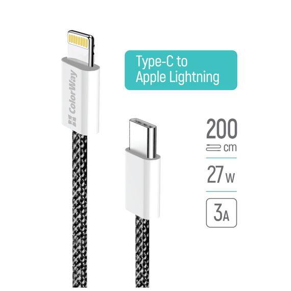 Дата кабель USB-C to Lightning 2.0m (PDF Fast Charging 27W) black ColorWay (CW-CBPDCL068-BK) | Зображення 7