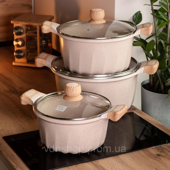 Набір із трьох каструль та сковорідок з кришками 24, 28, 32 см, товсте алюмінієве дно MGC HP-4-402 | Зображення 5