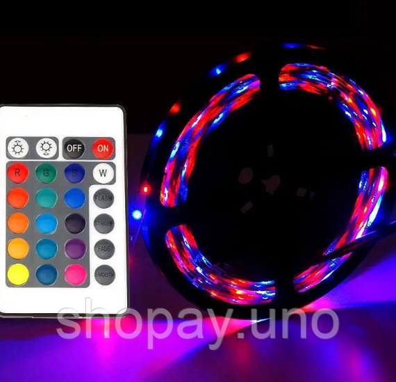 Комплект Світлодіодна стрічка багатобарвна 3528 RGB комплект 5м з пультом | Зображення 3
