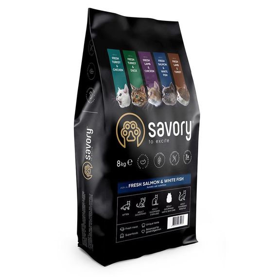 Корм Savory Adult Cat Gourmand Fresh Salmon & White Fish сухий зі свіжим лососем і білою рибою для довгошерстих котів 8 кг