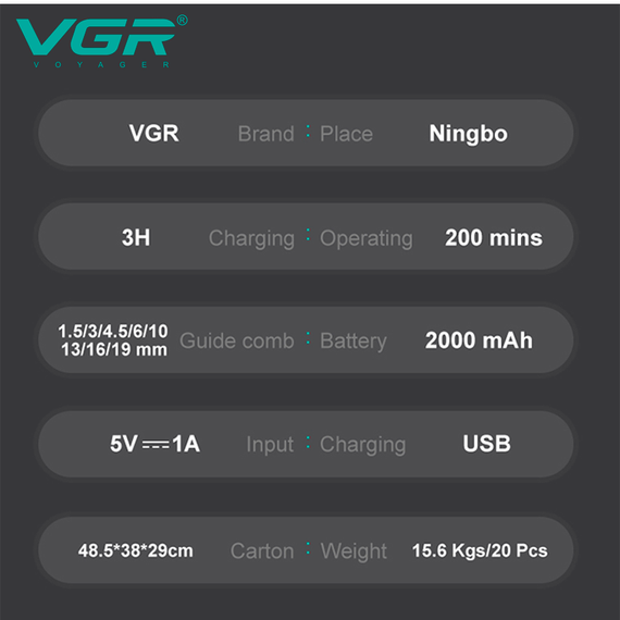 Аккумуляторная машинка для стрижки VGR V-013 GREEN, 8 насадок, 6500 RPM, 2000 mAh, LED дисплей | Зображення 1