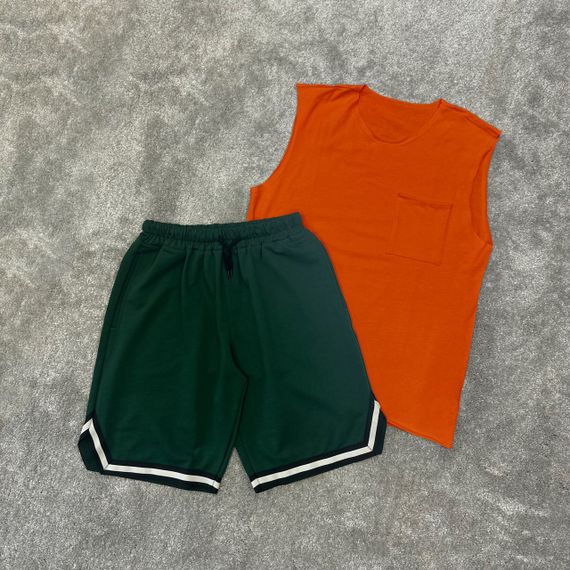 Мужской летний костюм майка и шорты BD0037 цвет оранжевый + зеленый, размер S | Зображення 1