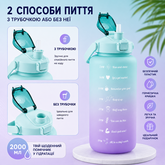Спортивная бутылка для воды 2000 мл (2 л) с ремешком и шкалой, градиент бирюзовый матовый | Зображення 4
