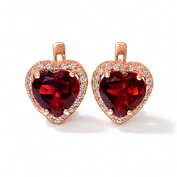 Серьги из красного золота  с гранатами в форме сердца S-0416