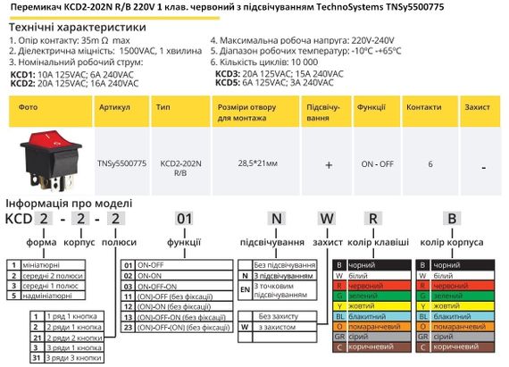 Переключатель KCD2-202N R/B 220V 1 клавиша красная с подсветкой Ny95500775 | Зображення 2