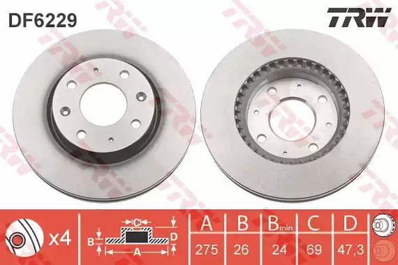 Диск гальмівний (1 шт.) KIA Cerato \'\'F D=275mm 04, TRW (DF6229)