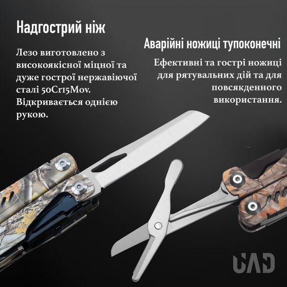 Мульти інструмент для полювання та риболовлі ForestPro, 19 інструментів, сталеві, мультикам, камуфляж. | Зображення 4