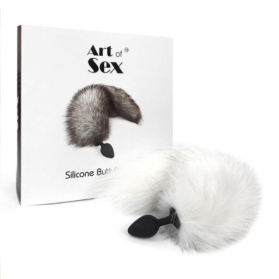 Силіконова анальна пробка з хвостом із натурального хутра Art of Sex size M White fox | Зображення 4