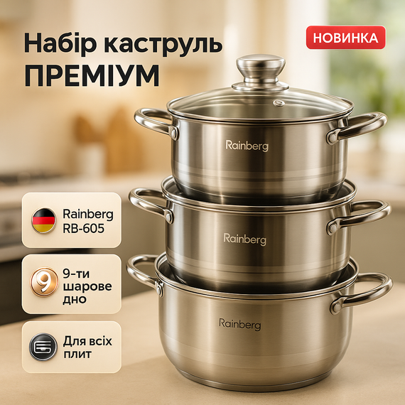 Набір каструль вищої якості Rainberg RB-605 8 шт, Набір каструль з антипригарним покриттям JY-61