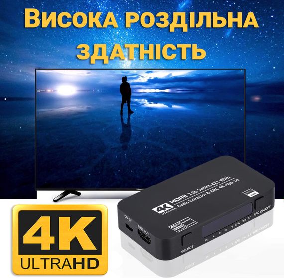 HDMI Комутатор | світч на 4 порти Addap HVS-04, чотиринаправлений відео перемикач 4К, з підтримкою ARC, Black | Зображення 4