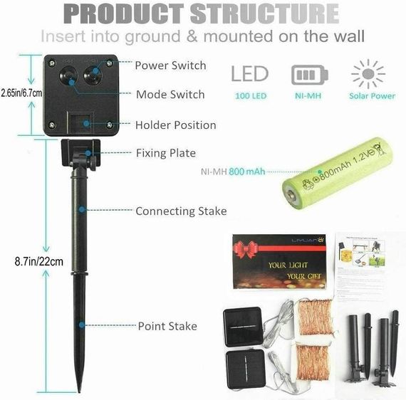 Солнечная гирлянда Wishlink, 2шт по 100 LED, 33 фута теплый белый свет IP65 для улицы, сада, террасы, свадьбы | Зображення 2