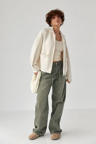 В'язаний кардиган на блискавці з кишенями - молочний цвет, ONE SIZE (є розміри) | Зображення 2