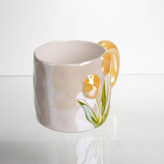 Новорічна порцелянова чашка для чаю та кави "Ніжний Тюльпан" з 3D-декором 400 мл, святкова кружка чашка на подарунок Помаранчевий | Зображення 1