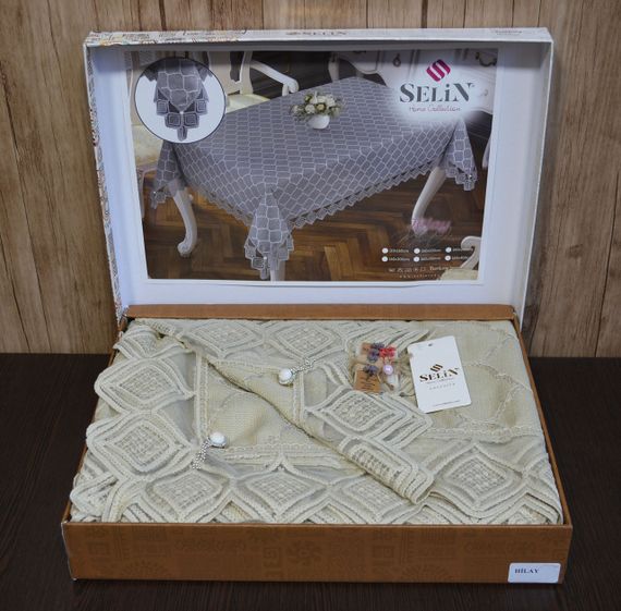 Льняная скатерть Selin Hilay 160×220 Кремовая | Зображення 1