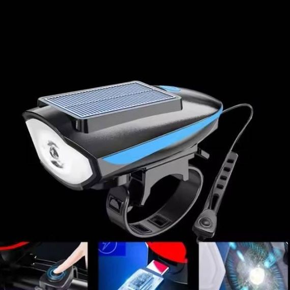 Велофара акумуляторна із сонячною батареєю та сигналом 7599 Чорна з блакитним
