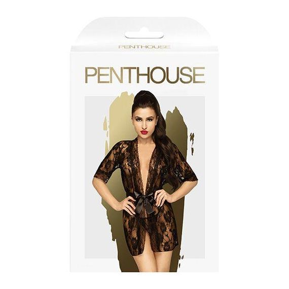Комплект пеньюар з декором у вигляді троянд та стрінгами Penthouse - Sweet Retreat Black XL | Зображення 2