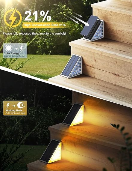 Уличный светильник для лестницы на солнечной батарее 13 LED / Угловой светильник на лестницу теплый белый / Солнечные декоративные светильники комплект из 6 штук | Зображення 1