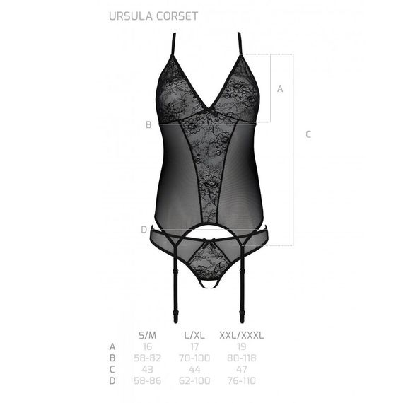 Корсет із пажами, трусики з ажурним декором та відкритим кроком Passion Ursula Corset black, 2XL/3XL | Зображення 5